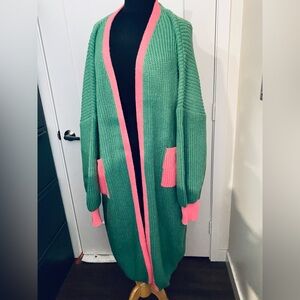 Gorgeous, handmade knitted oversized, Green and Pink Women's Sweater Cardigan
